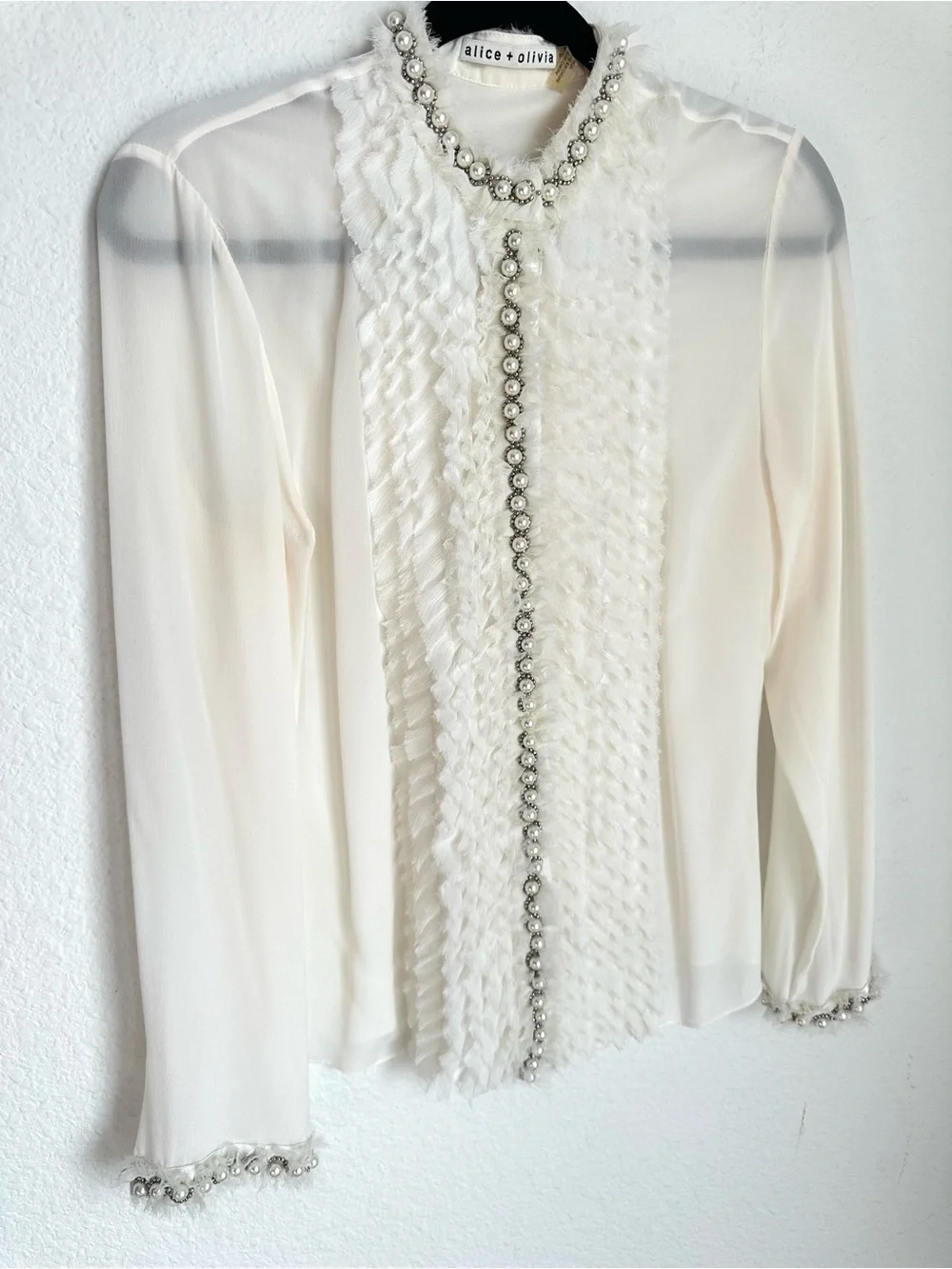 Alice and Olivia Arminda Ruffled Pearl Blouse pearl embellishments Medium Silk - Picture 7 of 17